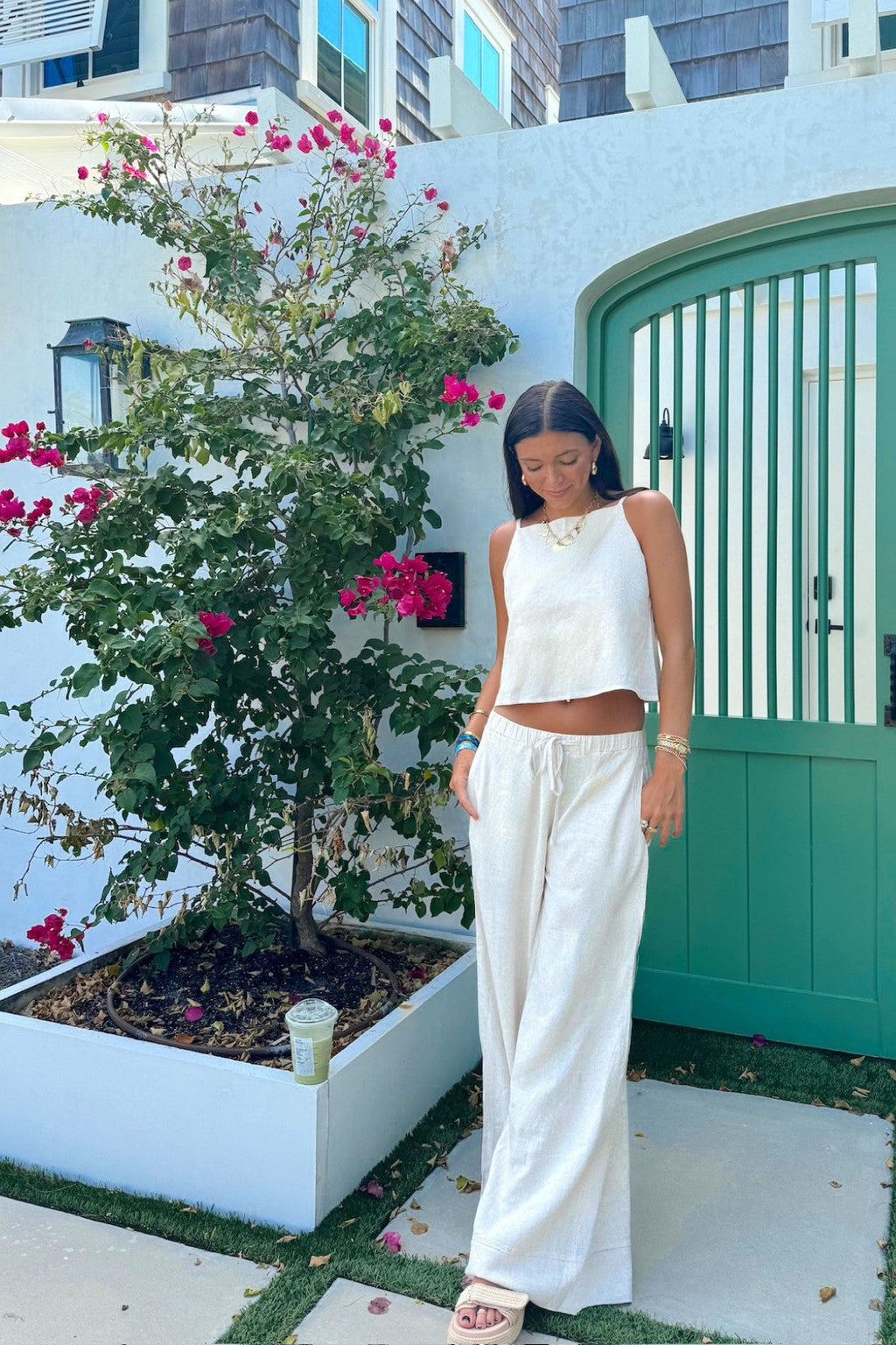 Beige Linen Wide Leg Pants