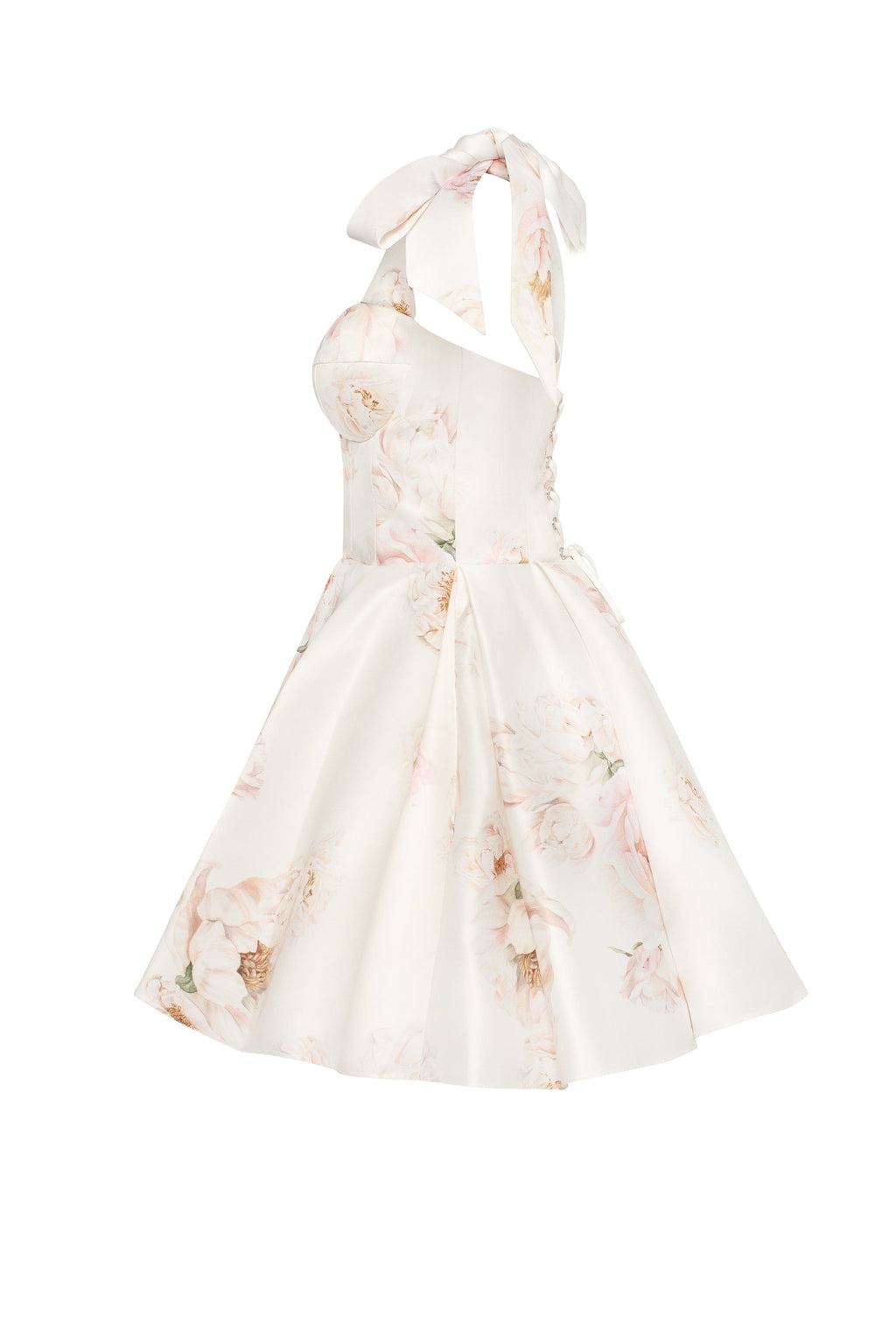 Pastel-Pink Peony Satin Bow-Strap Mini Dress