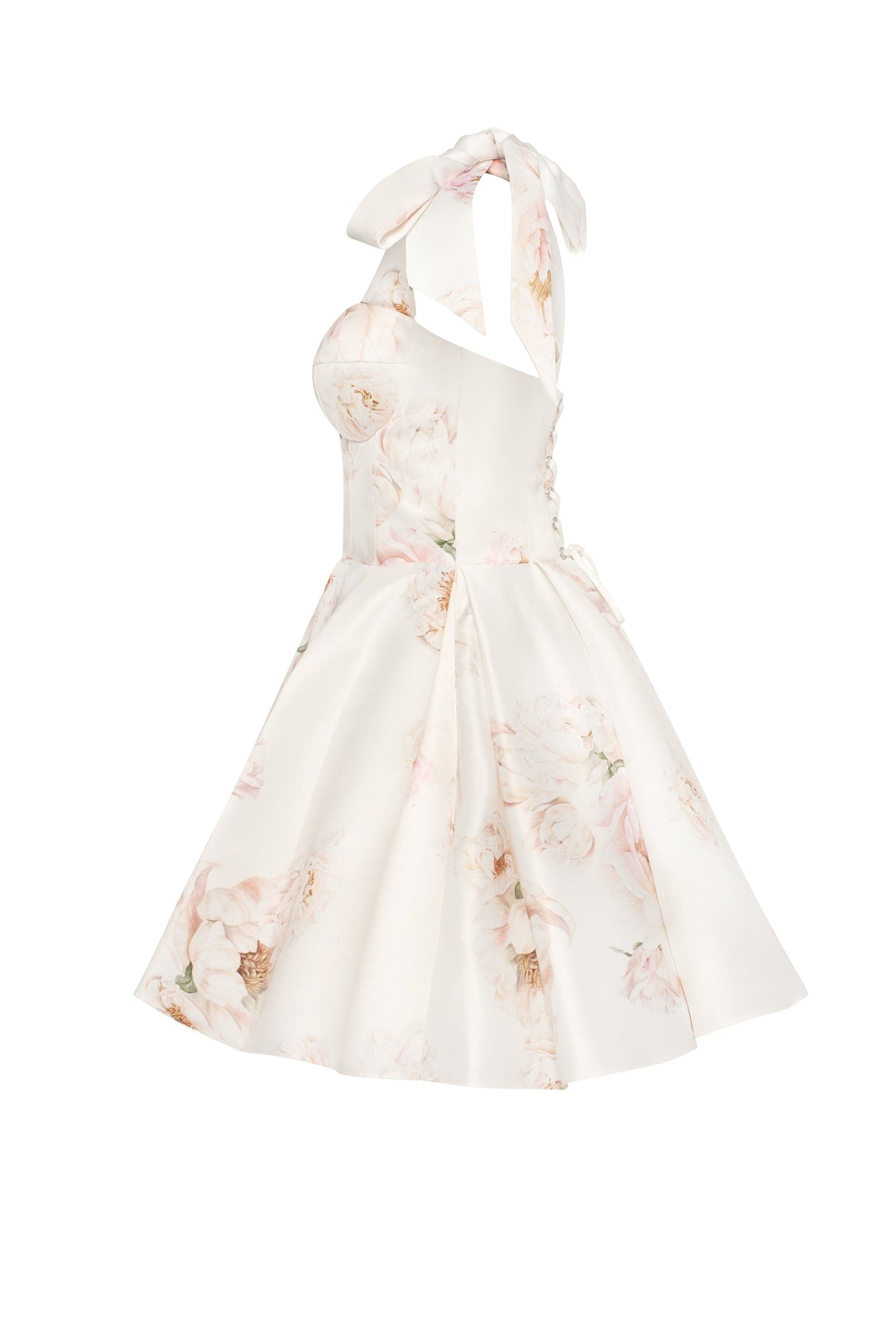 Pastel-Pink Peony Satin Bow-Strap Mini Dress