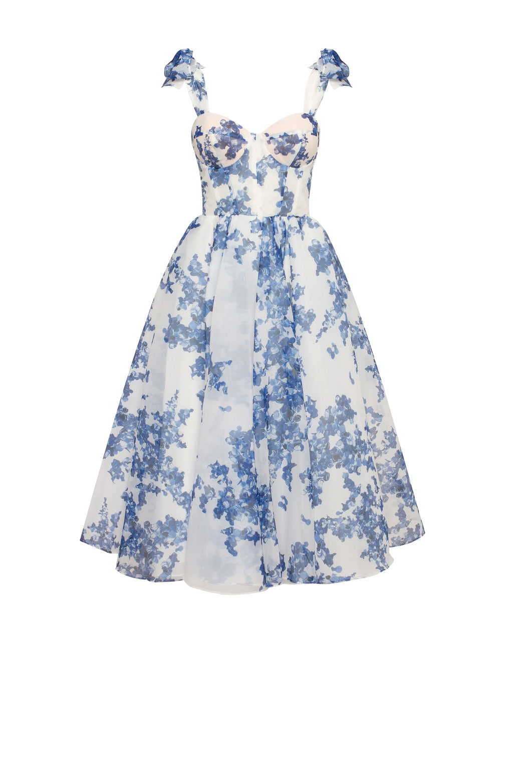 Navy-Blue Floral Organza Sweetheart Midi Dress