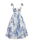 Navy-Blue Floral Organza Sweetheart Midi Dress