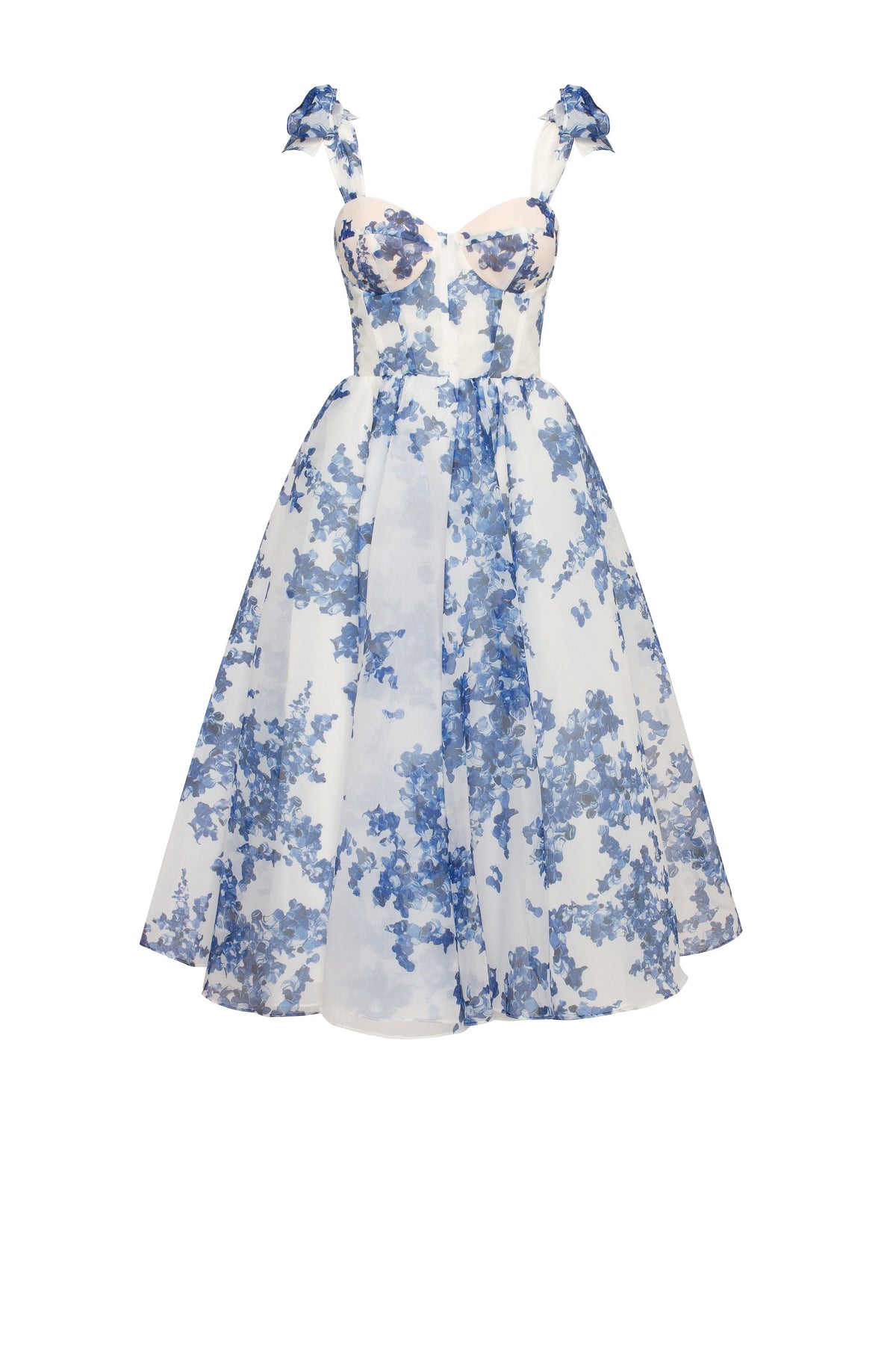 Navy-Blue Floral Organza Sweetheart Midi Dress
