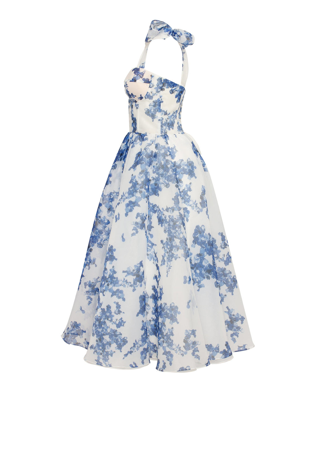 Navy-Blue Floral Organza Sweetheart Midi Dress