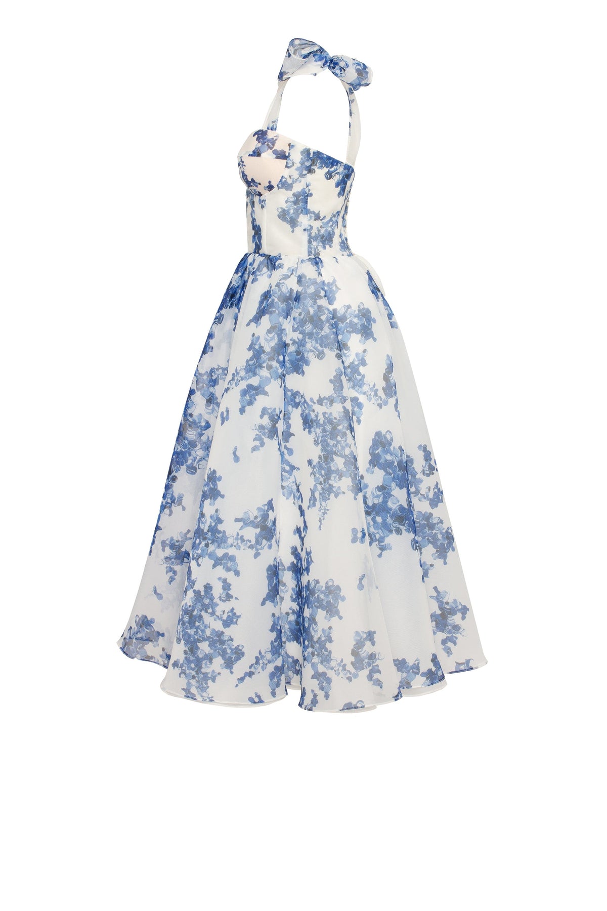 Navy-Blue Floral Organza Sweetheart Midi Dress