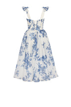 Navy-Blue Floral Organza Sweetheart Midi Dress