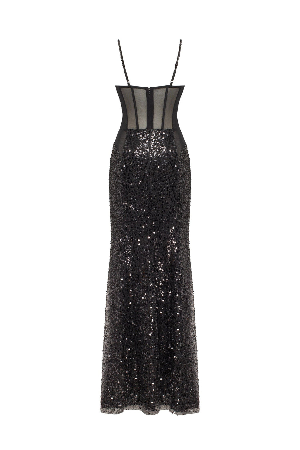 Black Sequin Spaghetti-Strap Sheer Mermaid Gown