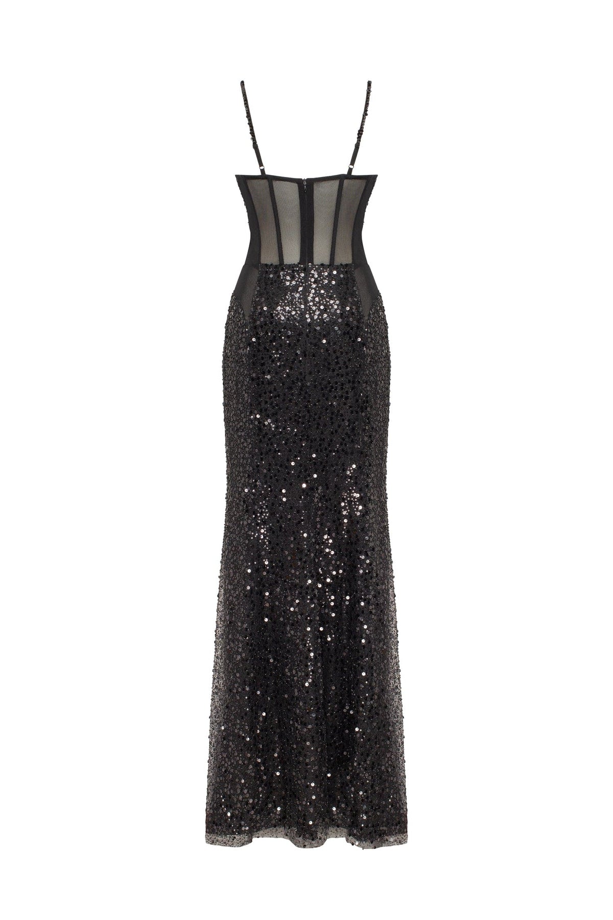 Black Sequin Spaghetti-Strap Sheer Mermaid Gown