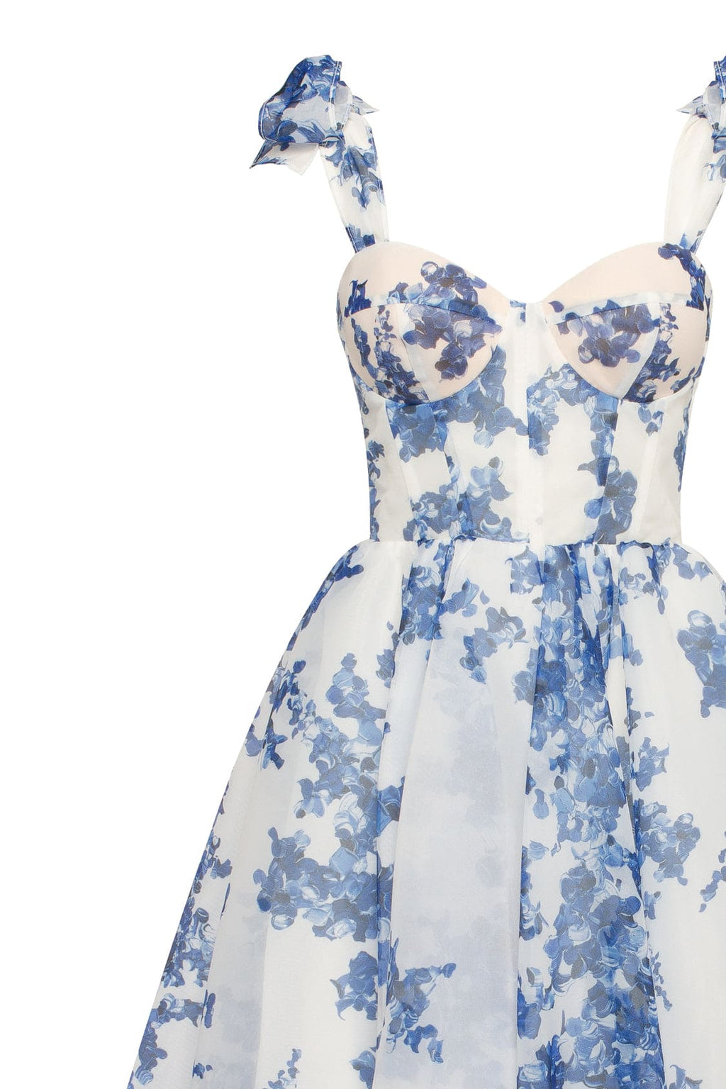 Navy-Blue Floral Organza Sweetheart Midi Dress
