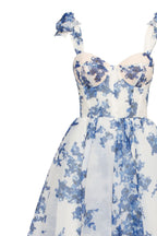 Navy-Blue Floral Organza Sweetheart Midi Dress