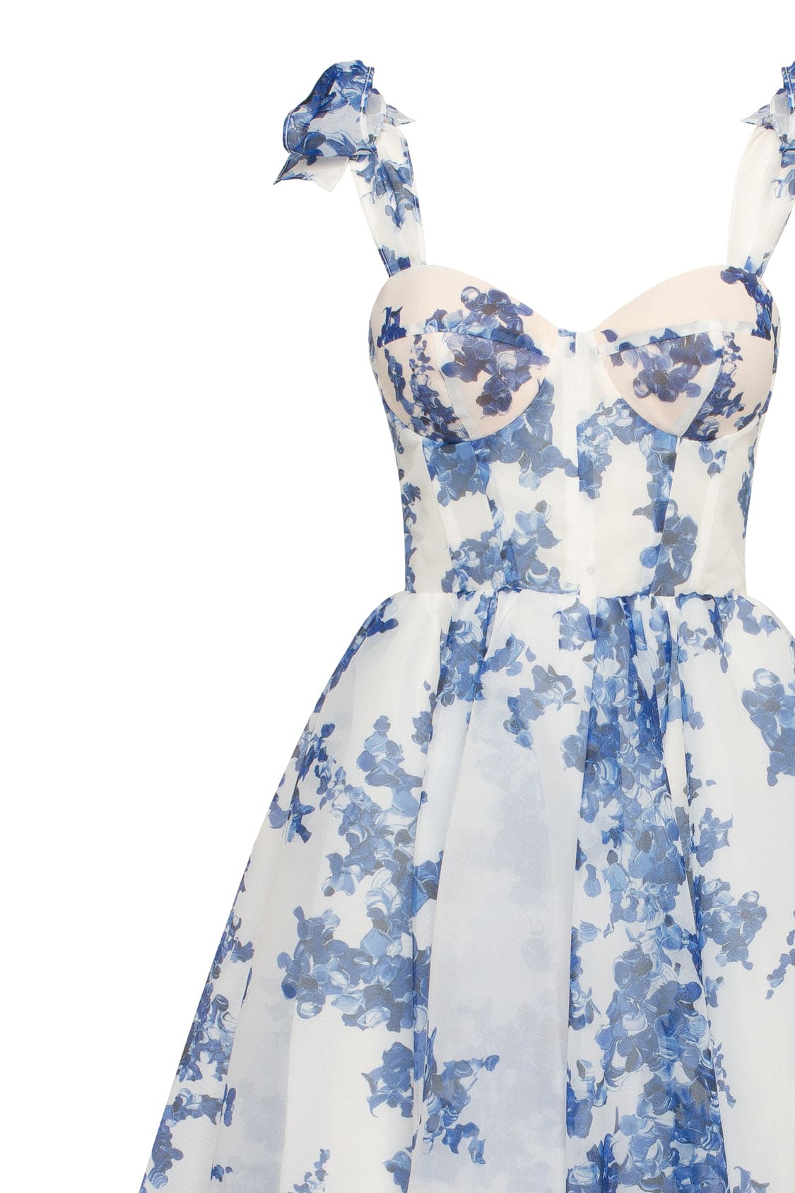 Navy-Blue Floral Organza Sweetheart Midi Dress