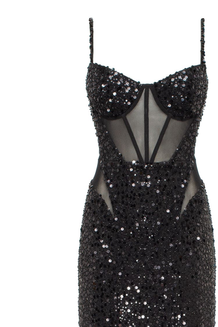 Black Sequin Spaghetti-Strap Sheer Mermaid Gown