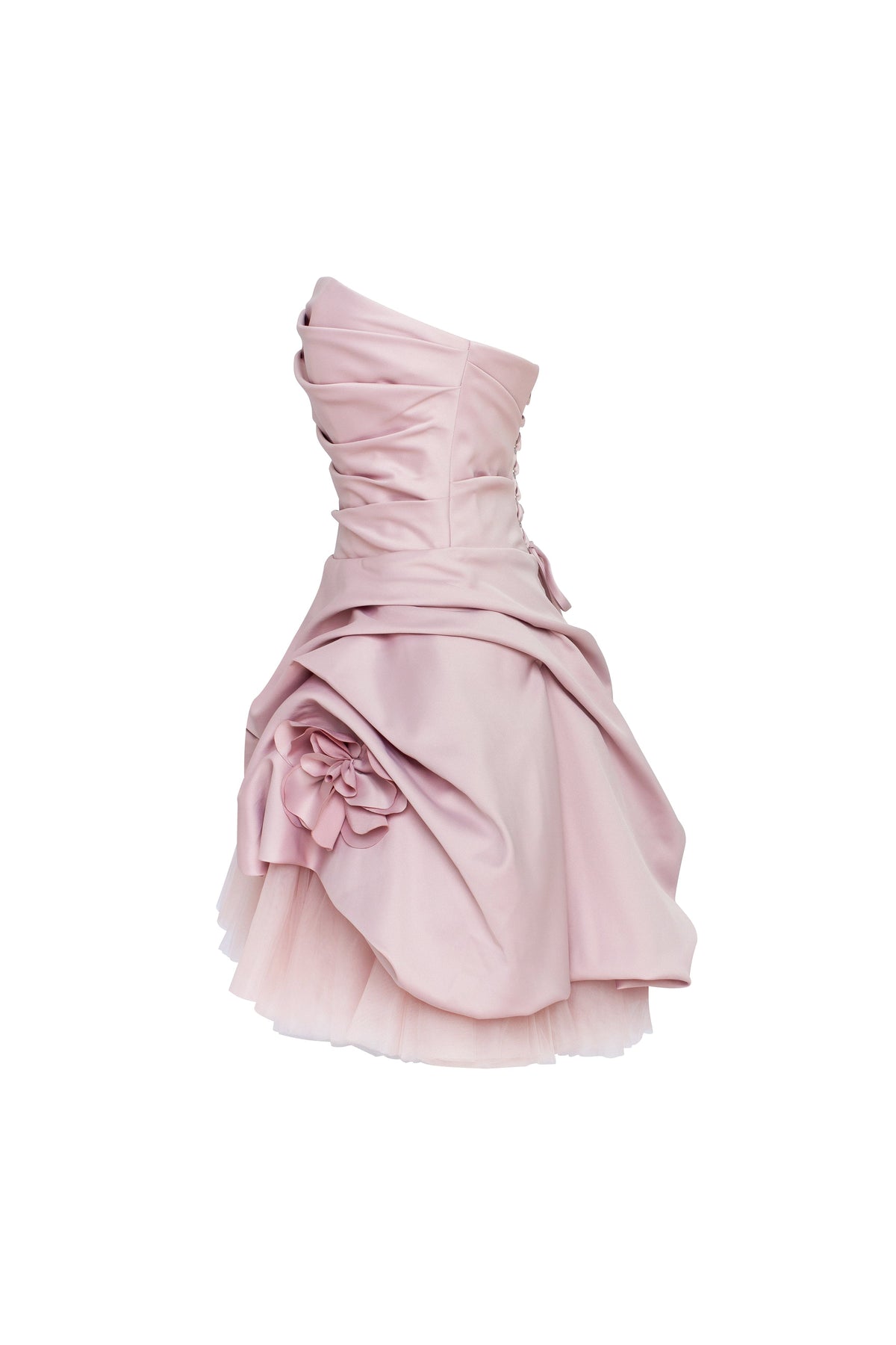 Draped-Fitted Rosette-Decorated Short Dress