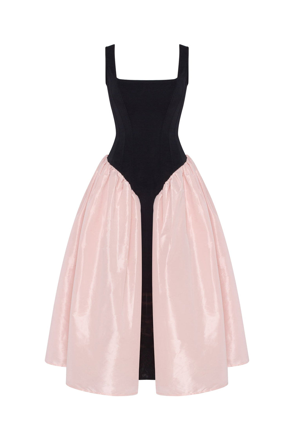 Black-Pink Stretch-Mesh Square-Neck Corset Midi Dress