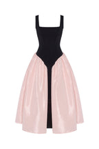 Black-Pink Stretch-Mesh Square-Neck Corset Midi Dress