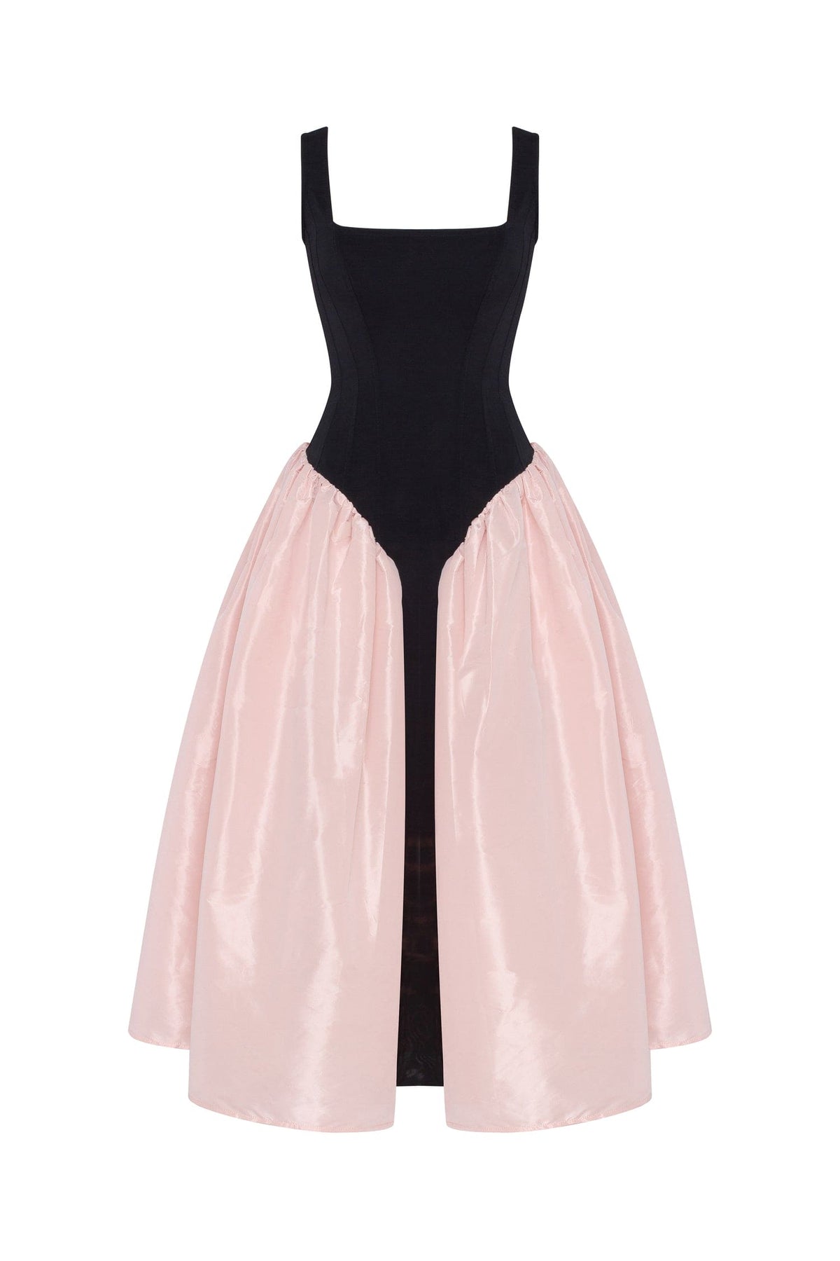 Black-Pink Stretch-Mesh Square-Neck Corset Midi Dress