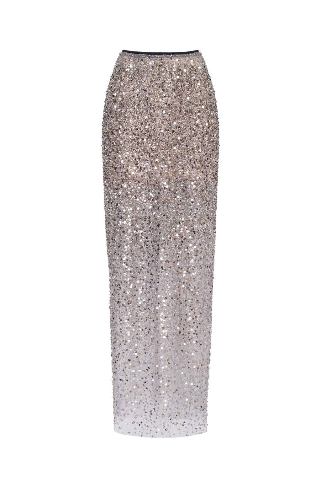 Sheer Silver Tulle Full Sequin Fitted Maxi Skirt