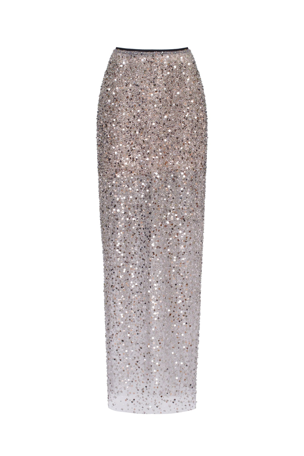 Sheer Silver Tulle Full Sequin Fitted Maxi Skirt