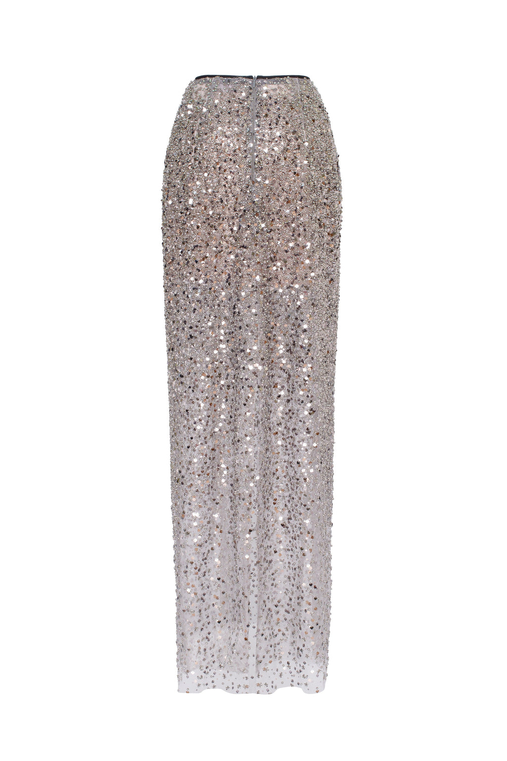 Sheer Silver Tulle Full Sequin Fitted Maxi Skirt