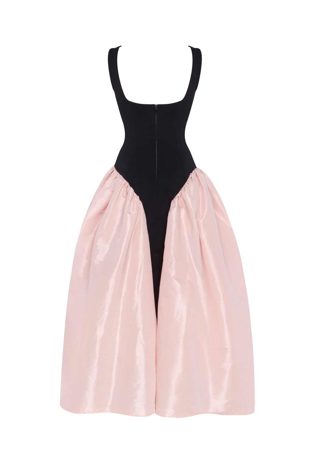 Black-Pink Stretch-Mesh Square-Neck Corset Midi Dress