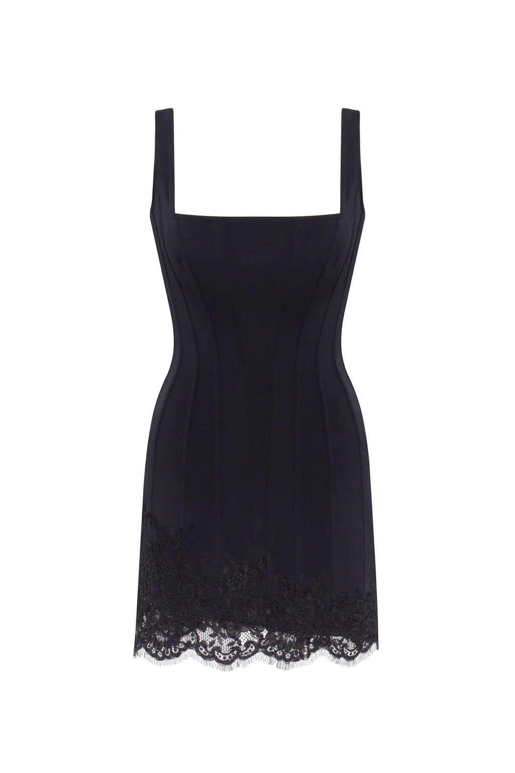 Square Wide Strap Scallop Black Corset Dress
