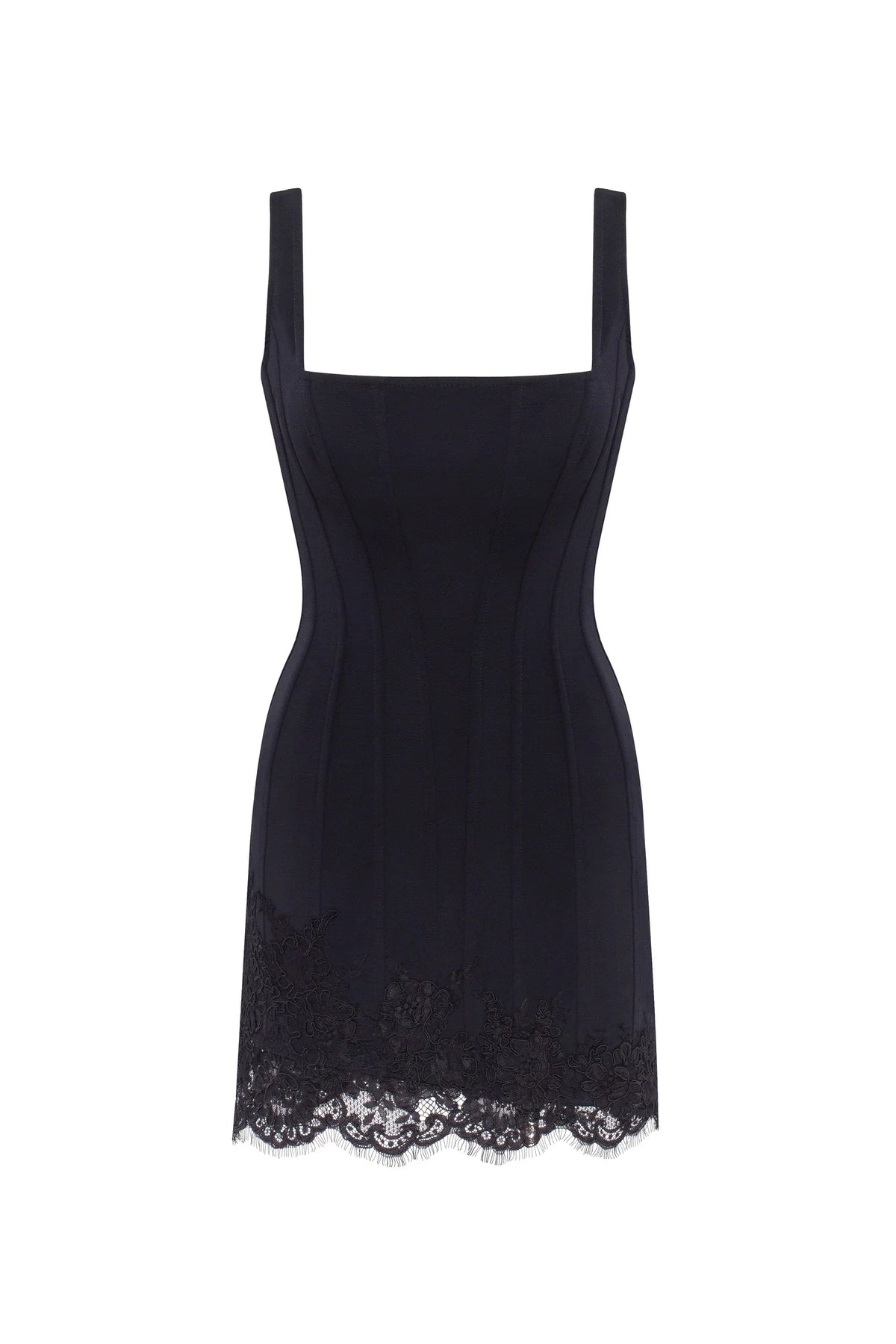 Square Wide Strap Scallop Black Corset Dress