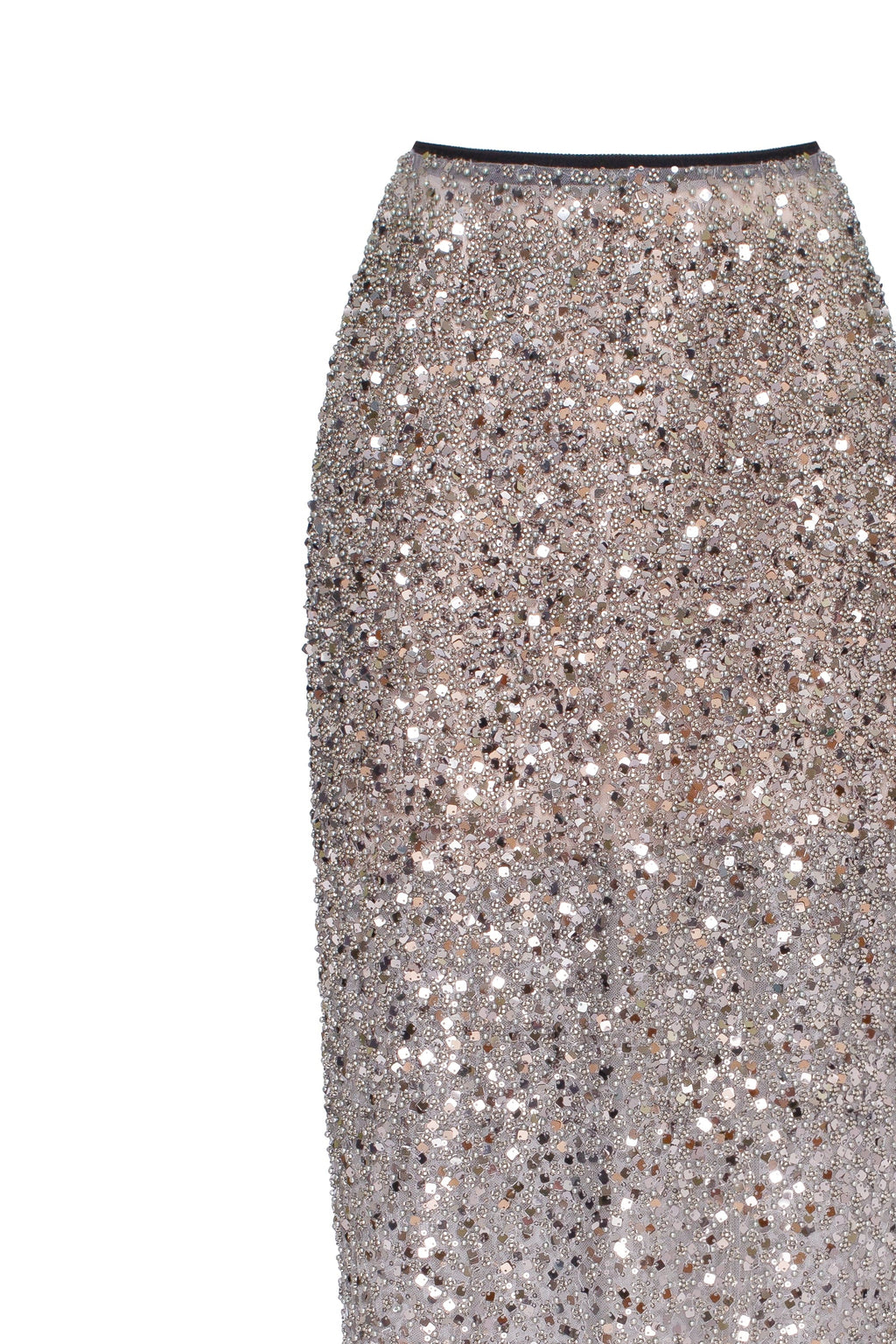 Sheer Silver Tulle Full Sequin Fitted Maxi Skirt