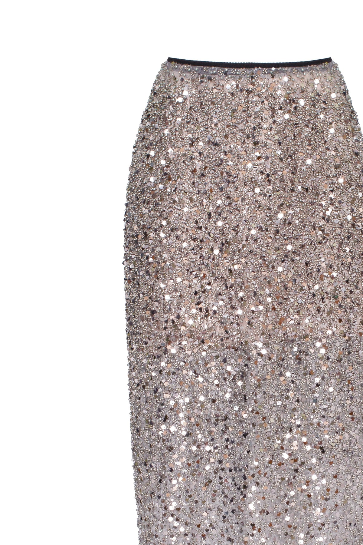 Sheer Silver Tulle Full Sequin Fitted Maxi Skirt