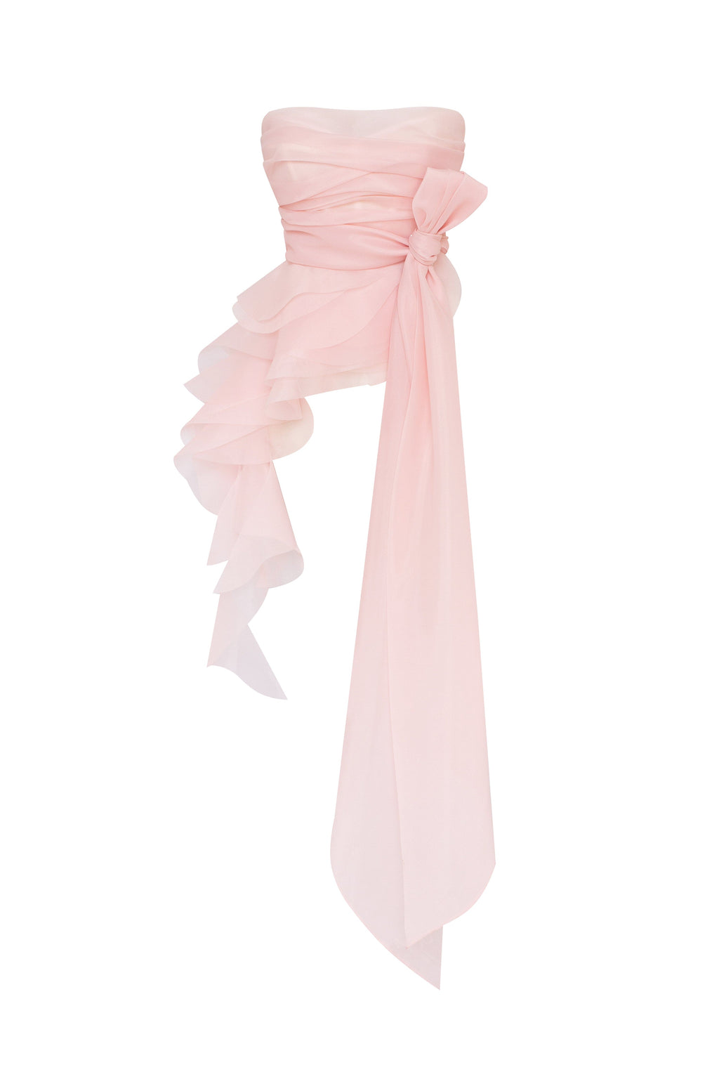 Gathered Waist Straight Neck Bow Pink Top