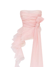 Gathered Waist Straight Neck Bow Pink Top