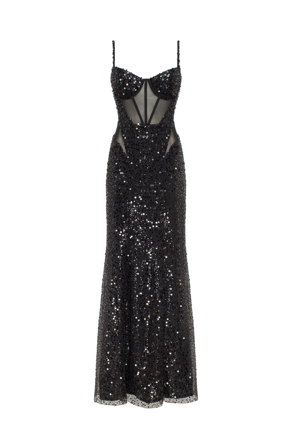 Black Sequin Spaghetti-Strap Sheer Mermaid Gown