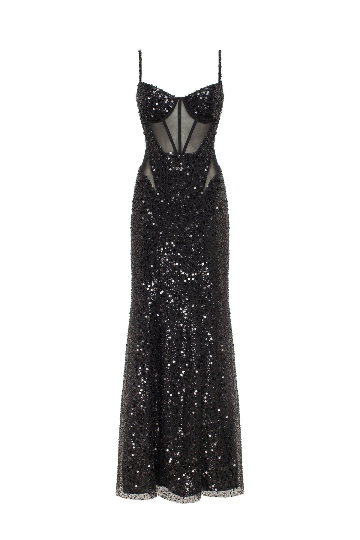 Black Sequin Spaghetti-Strap Sheer Mermaid Gown