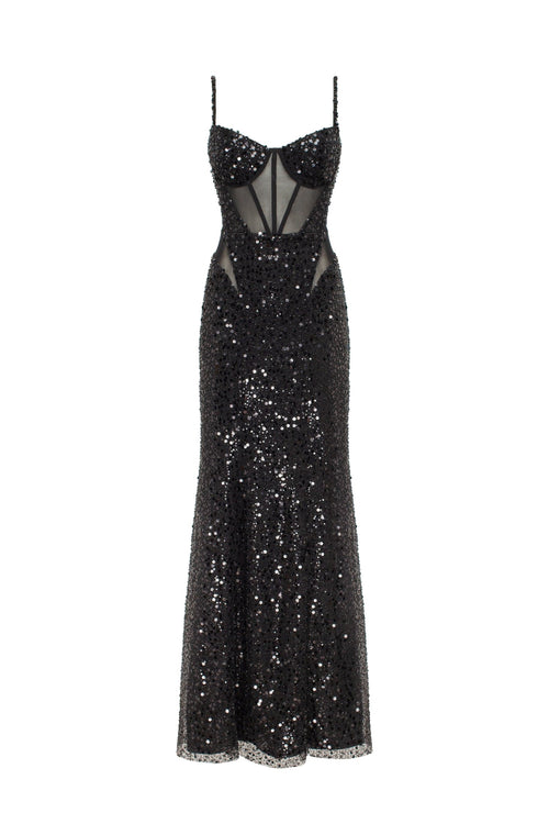 Black Sequin Spaghetti-Strap Sheer Mermaid Gown