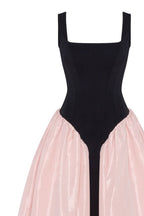 Black-Pink Stretch-Mesh Square-Neck Corset Midi Dress