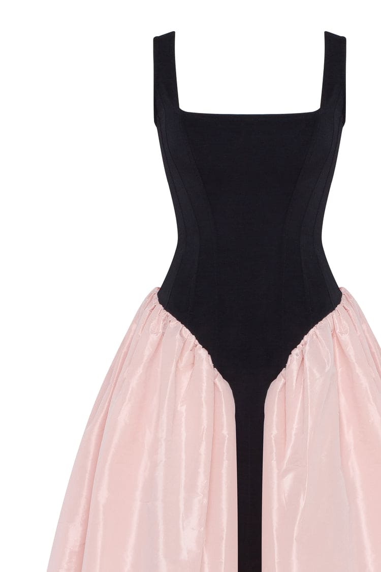 Black-Pink Stretch-Mesh Square-Neck Corset Midi Dress