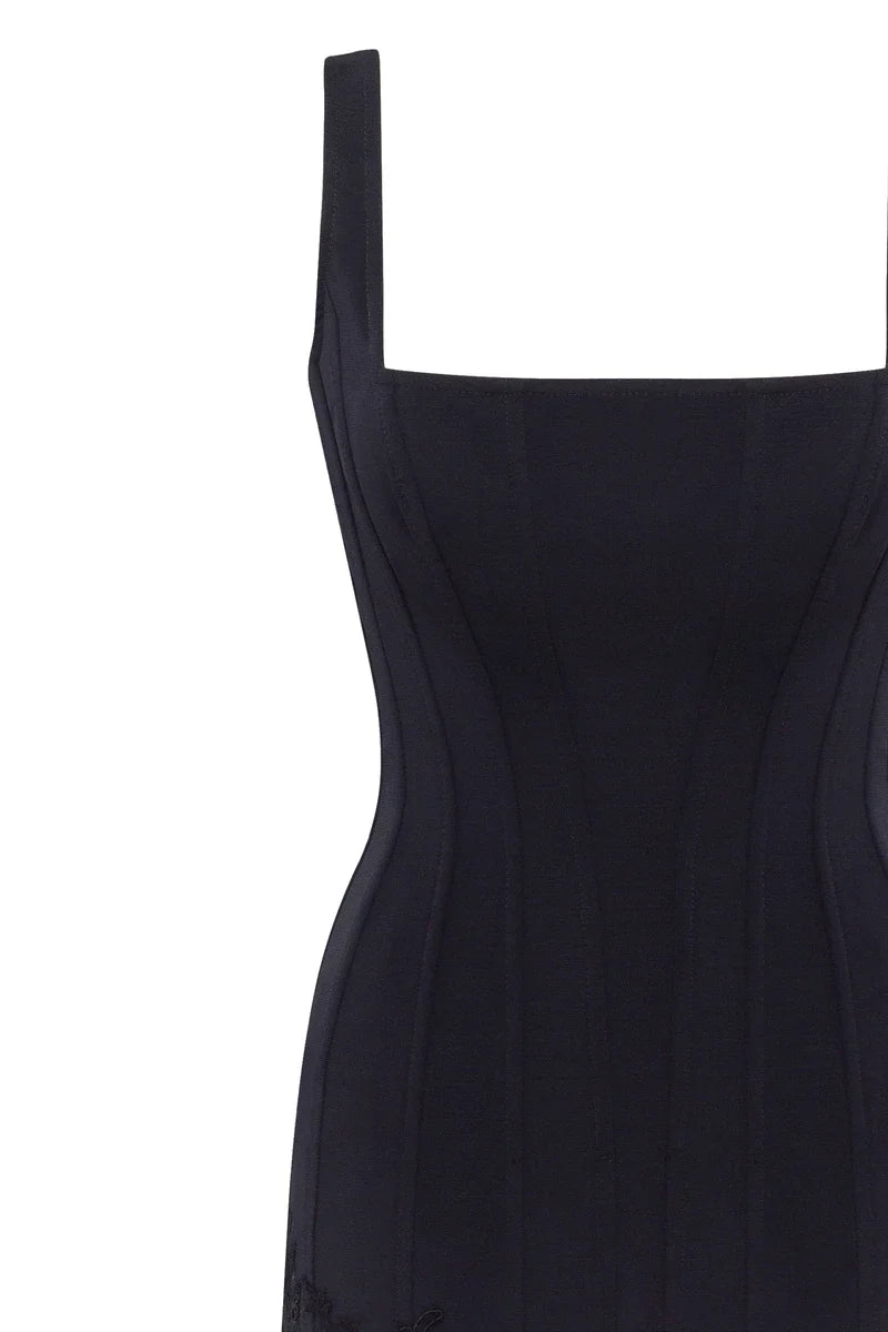 Square Wide Strap Scallop Black Corset Dress