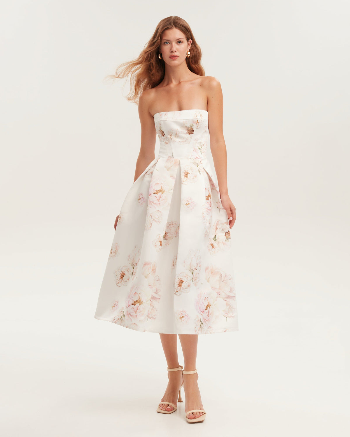 Ivory-Satin Pink-Peony Midi Dress