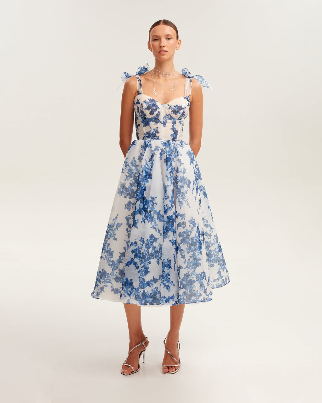 Navy-Blue Floral Organza Sweetheart Midi Dress