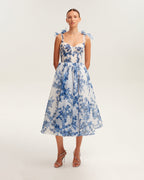 Navy-Blue Floral Organza Sweetheart Midi Dress