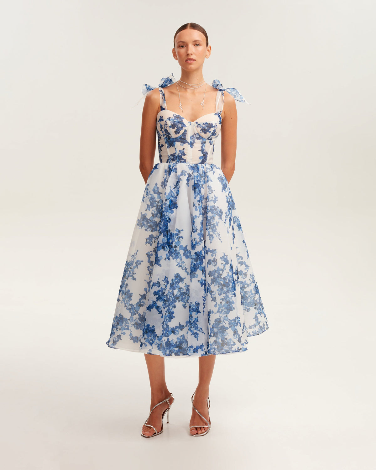 Navy-Blue Floral Organza Sweetheart Midi Dress