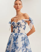 Navy-Blue Floral Organza Sweetheart Midi Dress