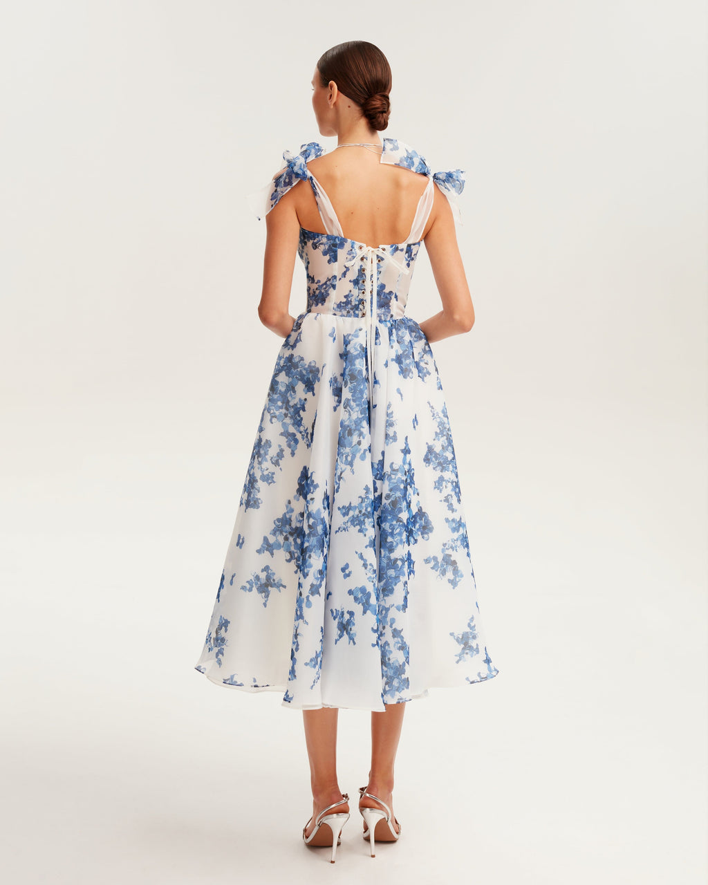 Navy-Blue Floral Organza Sweetheart Midi Dress
