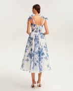Navy-Blue Floral Organza Sweetheart Midi Dress