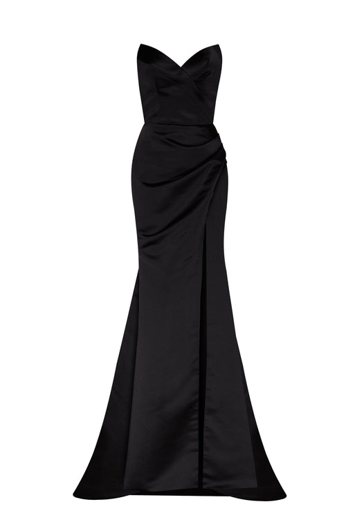 Black Strapless evening gown with thigh slit - Milla