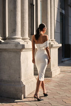Ivory Classy midi dress with open neckline - Milla