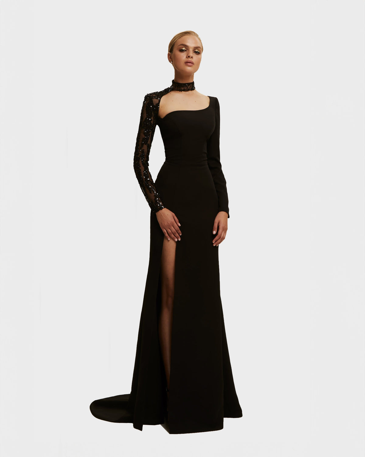 Square-Neck Half-Open-Back Hand-Embroidered Maxi Dress