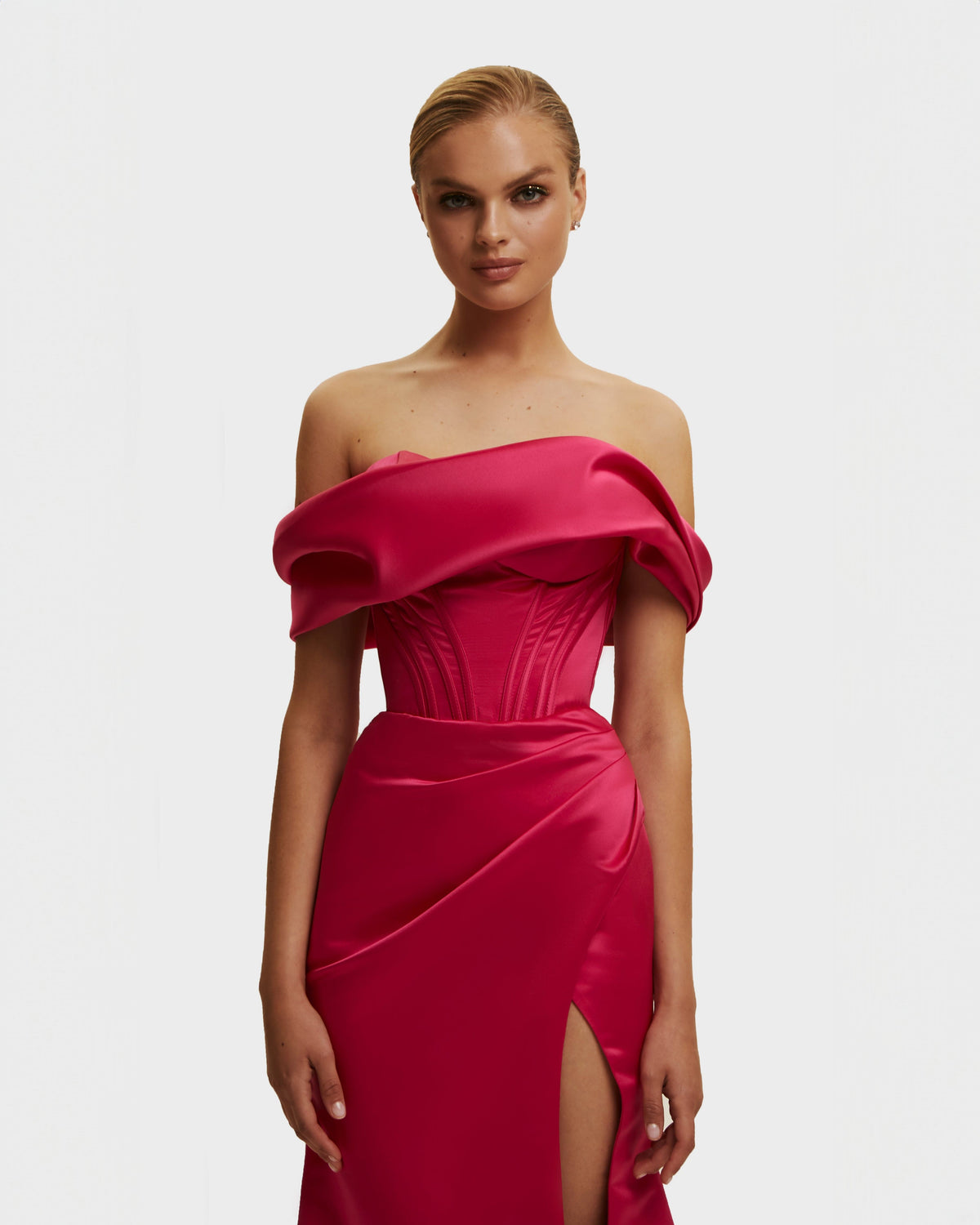 Fuchsia Atlas Off-Shoulder Princess Mermaid Dress