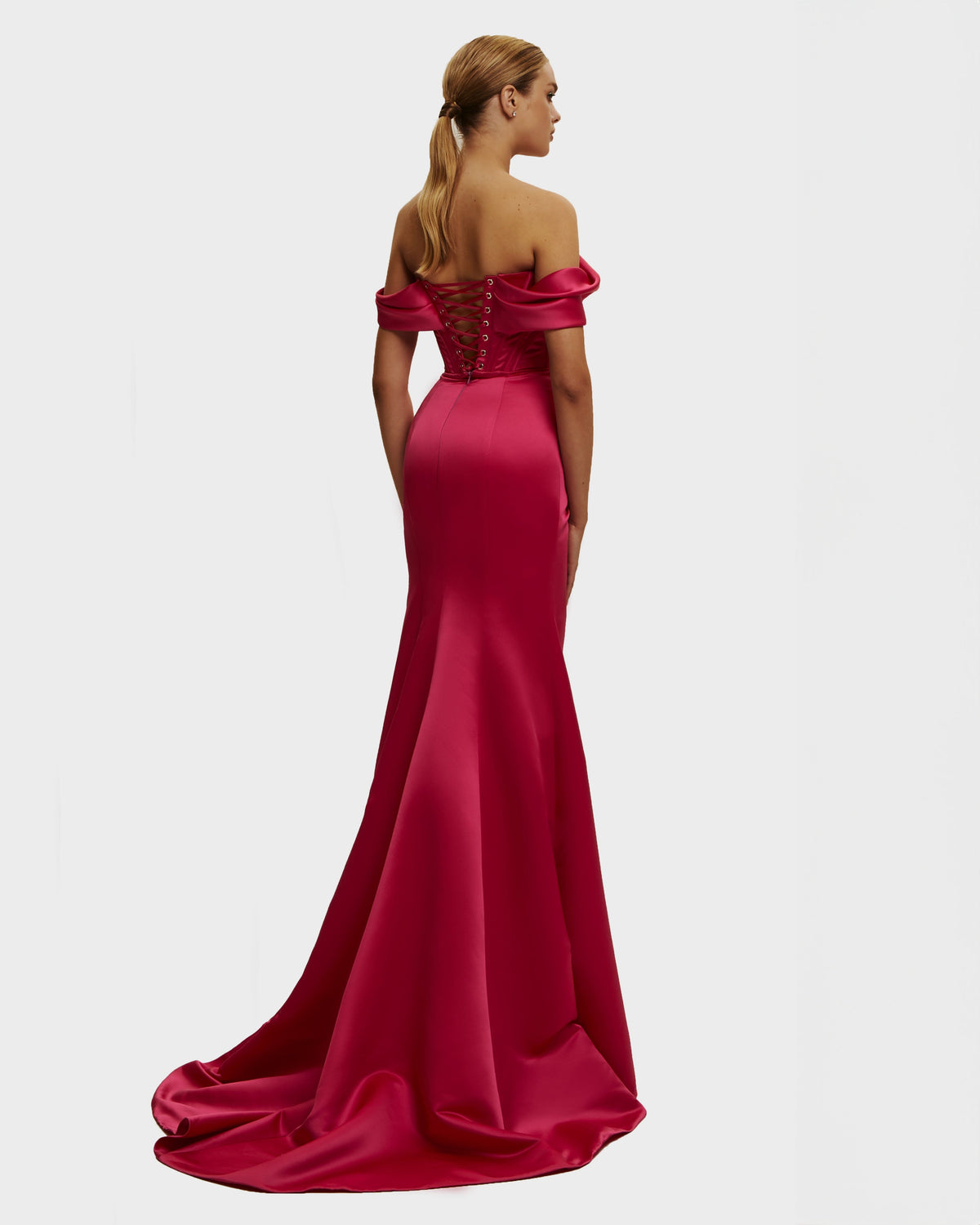 Fuchsia Atlas Off-Shoulder Princess Mermaid Dress