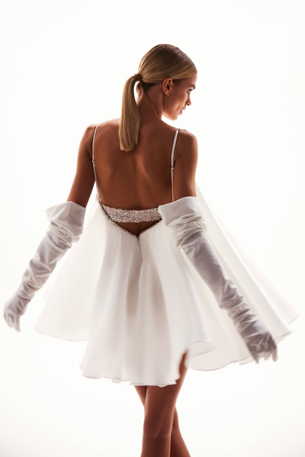 Plunge Back Gloves Included White Dress