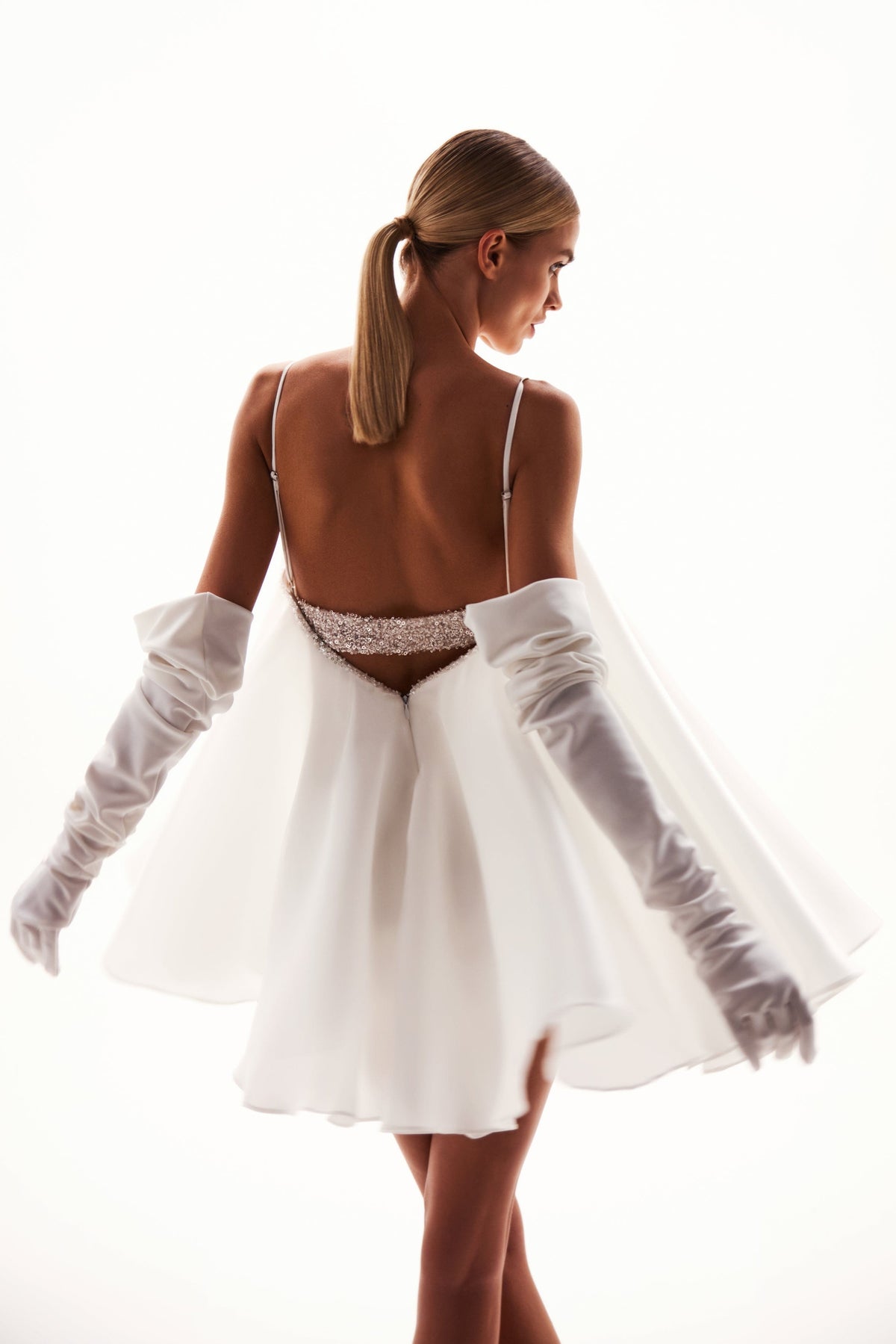 Plunge Back Gloves Included White Dress