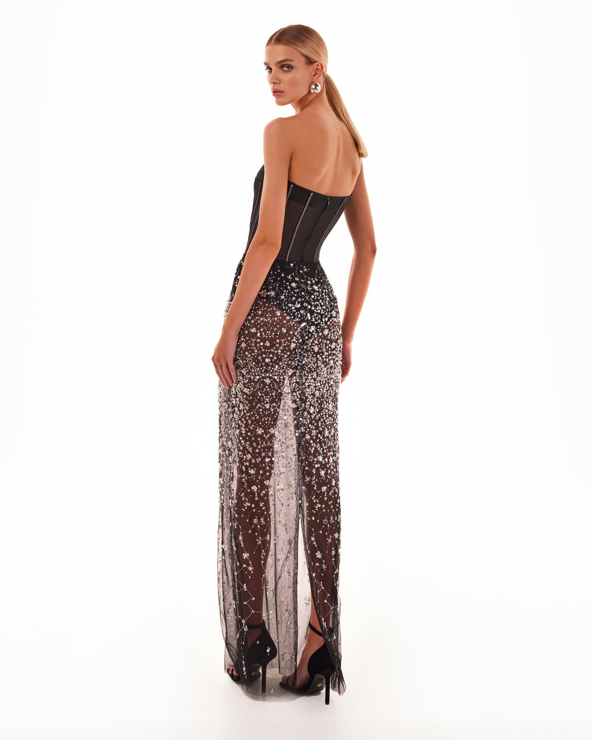 Black Lace Stretch-Mesh Full-Crystal Fitted Maxi Dress